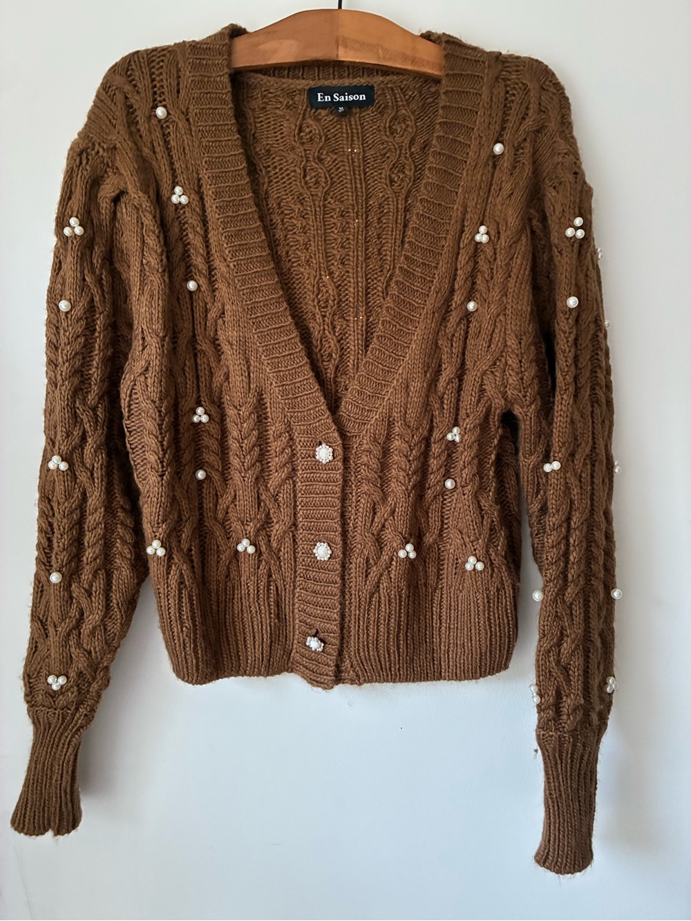 En Saison Women's Medium Brown Pearl-Embellished Cable Knit Cardigan